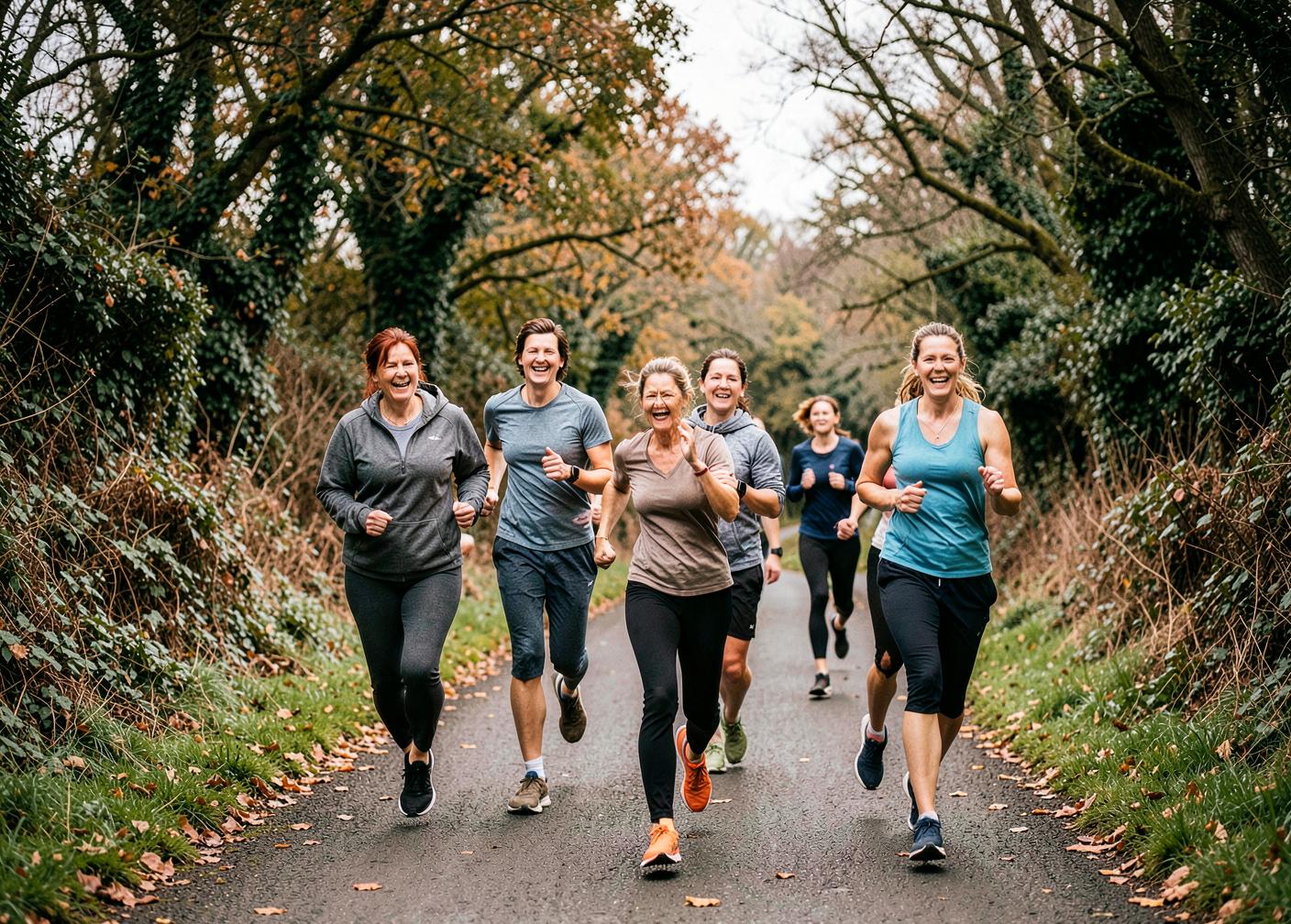 A friendly mixed-ability running group training outdoors