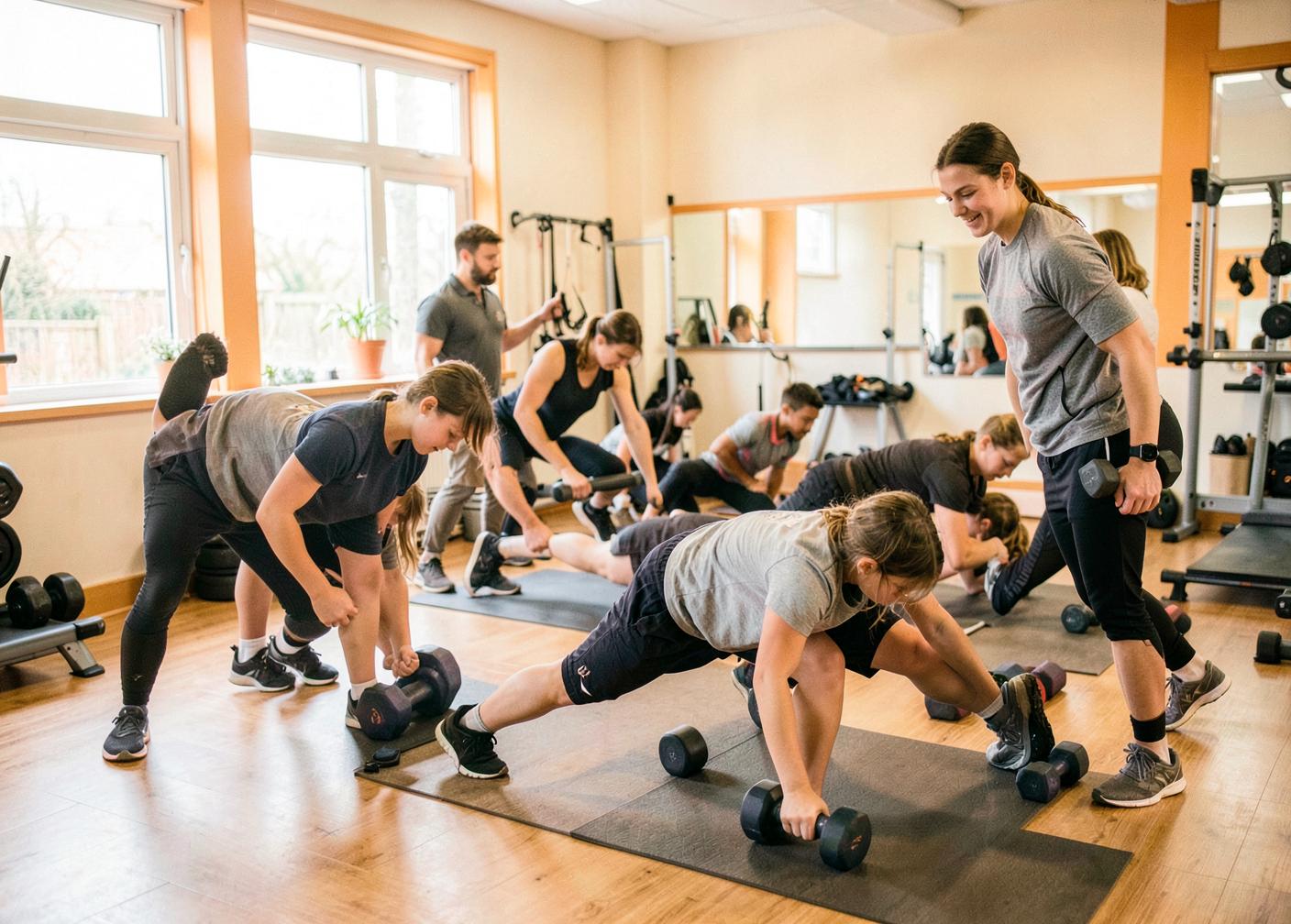 Young people learning beginner strength exercises in a supervised group